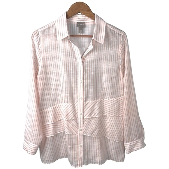 NWT Chico's Striped Cotton Button Front Shirt Size Medium Tiered Lightweight - Picture 1 of 8